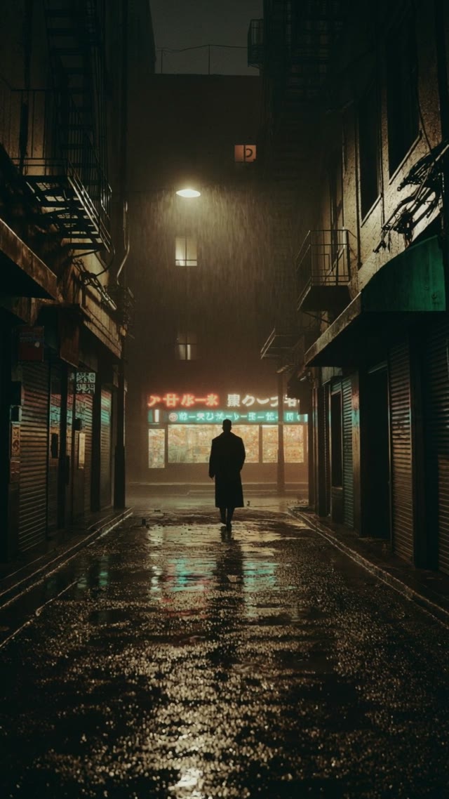 雨の路地を歩く顔のないハンター