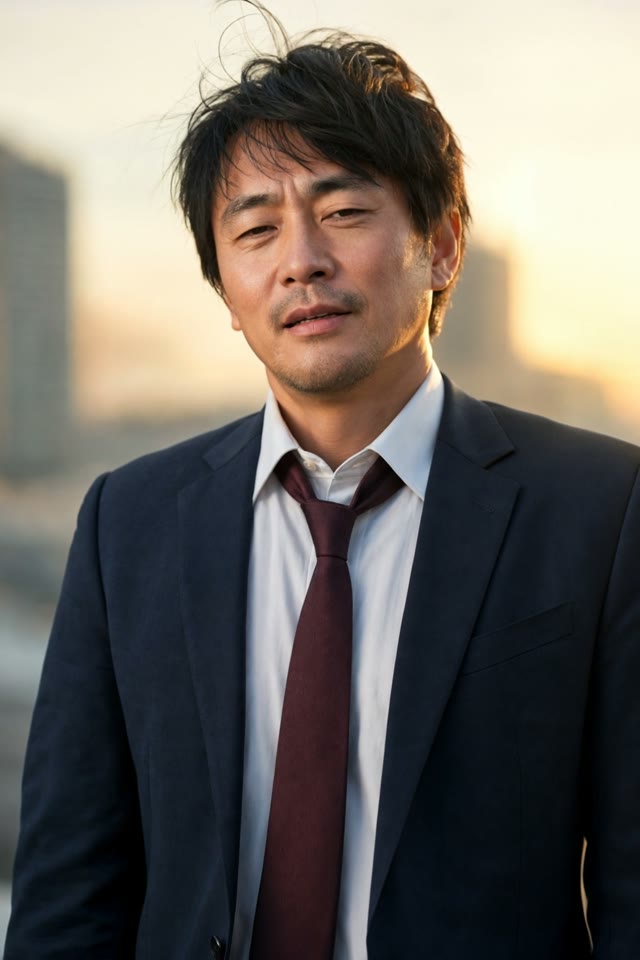 夕陽を背にした主演の男