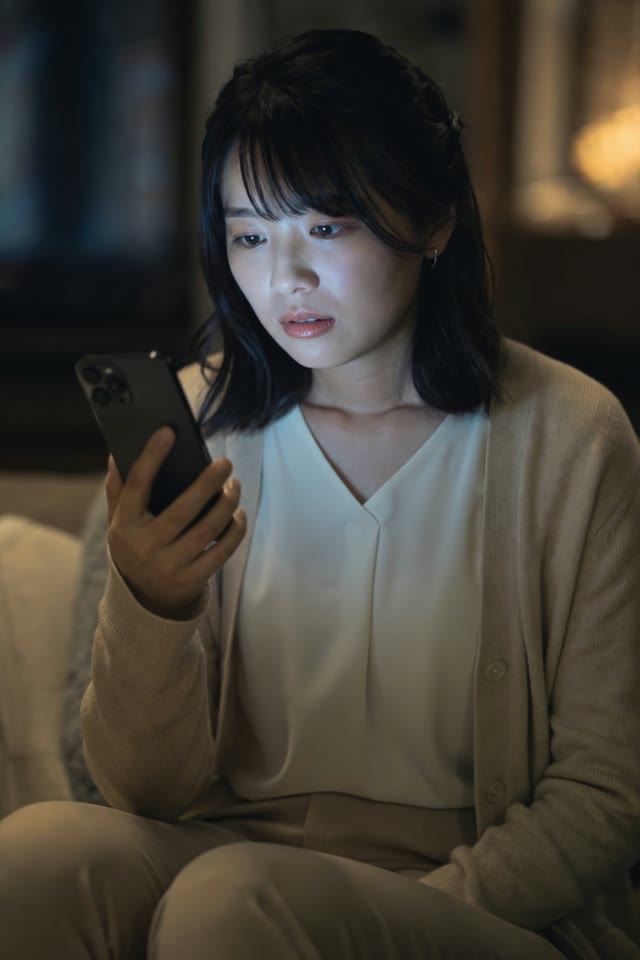 夜、スマホを見つめる女性
