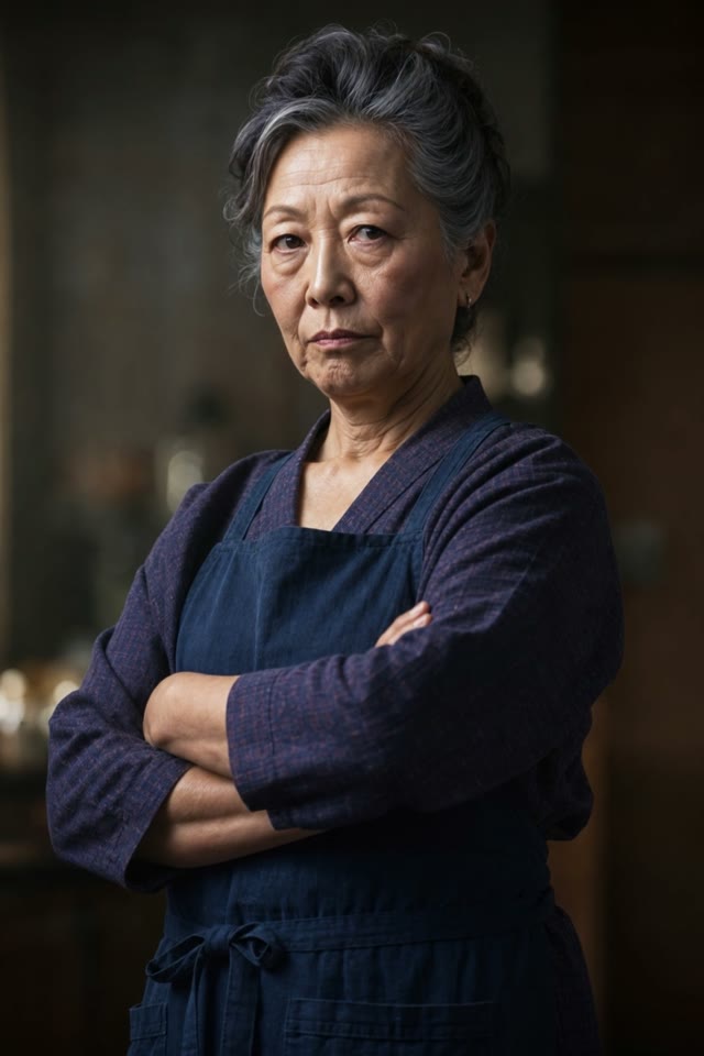 藍の作務衣の女将